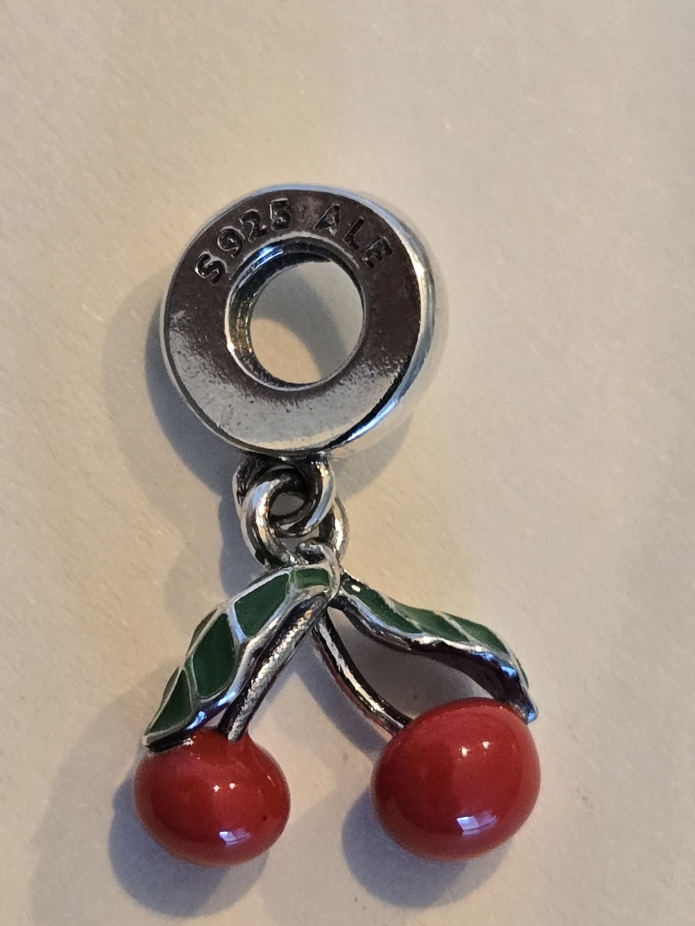 Sterling Silver Cherry Dangle Charm in Red & Green